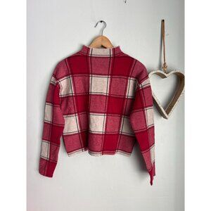 Tahari Women Cropped High Neck Sweater XTRA-SMALL Plaid Checkered Red White